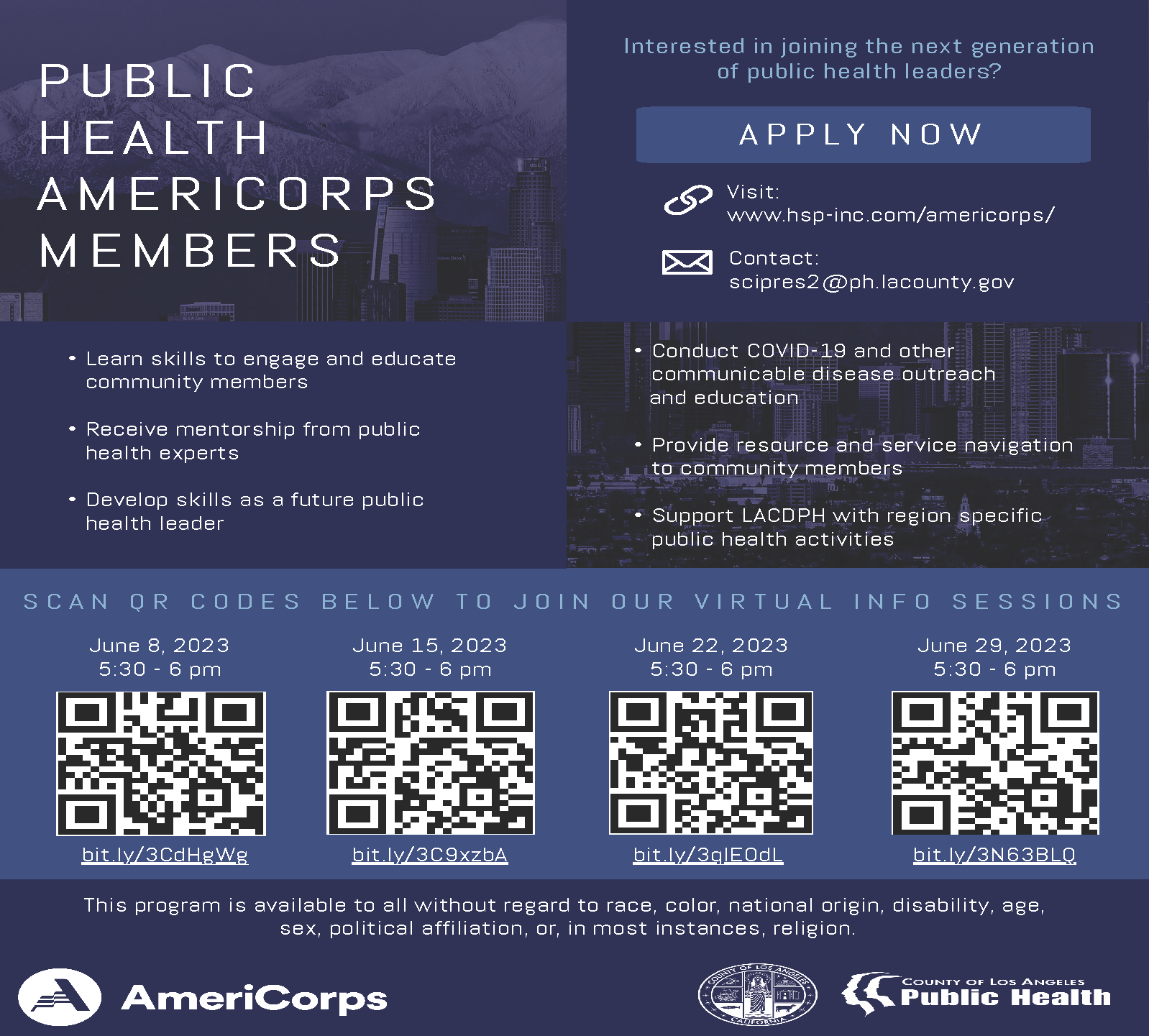 Hiring public health leaders. Become and Americorps member flyer with session information